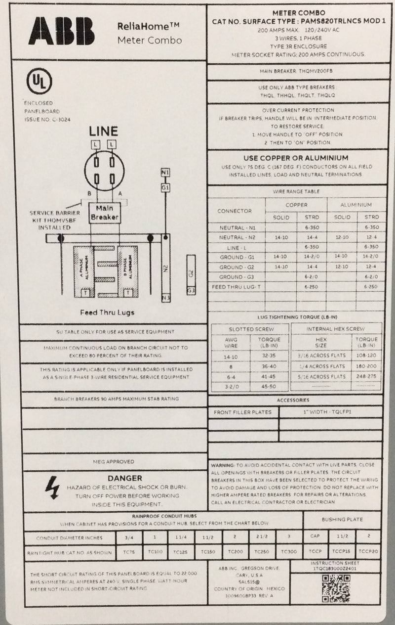 ABB PAMS820TRLNCS 200 Amp 8 Space 1PH 3 Wire 120/240V Meter Socket/Load Center