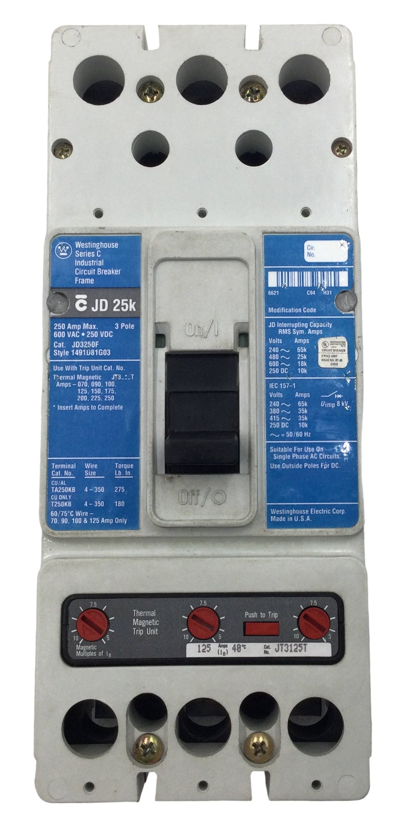 Westinghouse JD3250F 250 Amp 3 Pole 600V Circuit Breaker w/125 Amp Trip JT3125T