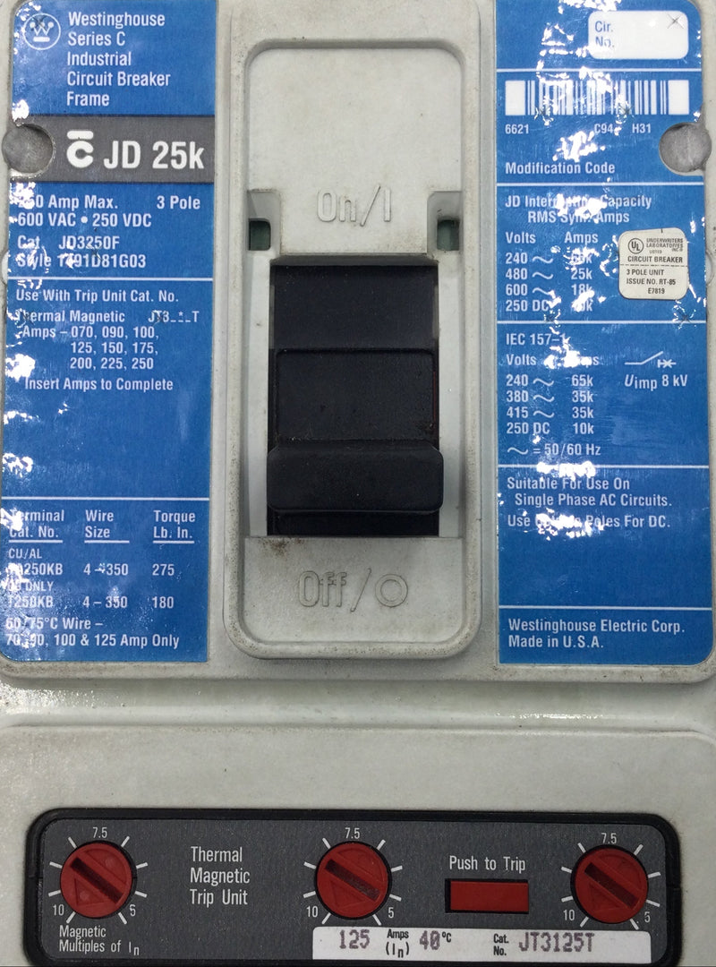 Westinghouse JD3250F 250 Amp 3 Pole 600V Circuit Breaker w/125 Amp Trip JT3125T