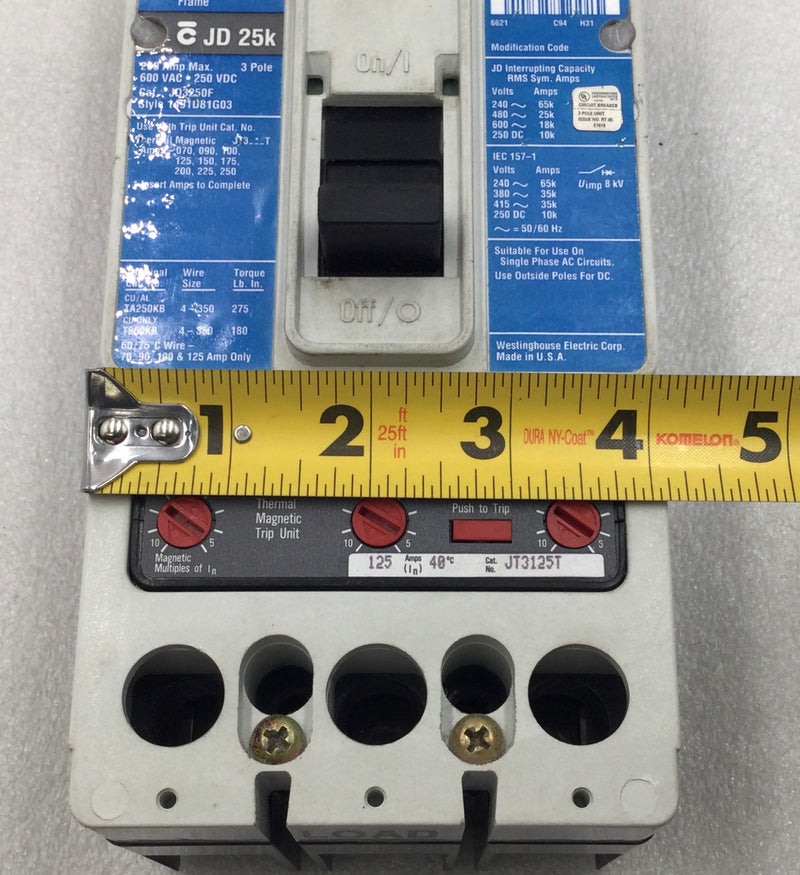 Westinghouse JD3250F 250 Amp 3 Pole 600V Circuit Breaker w/125 Amp Trip JT3125T