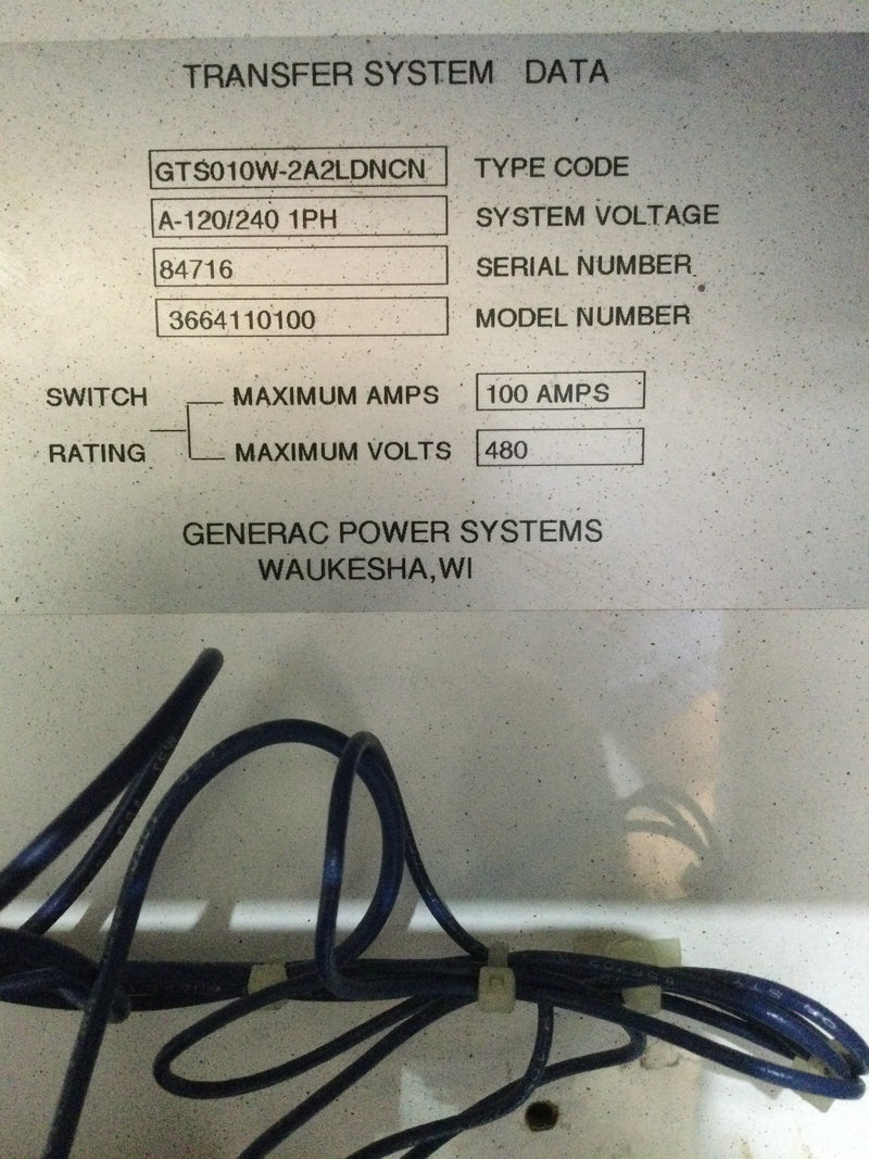 Generac Type GTS01W-2A2LDNCN 100 Amp, 480V Transfer switch
