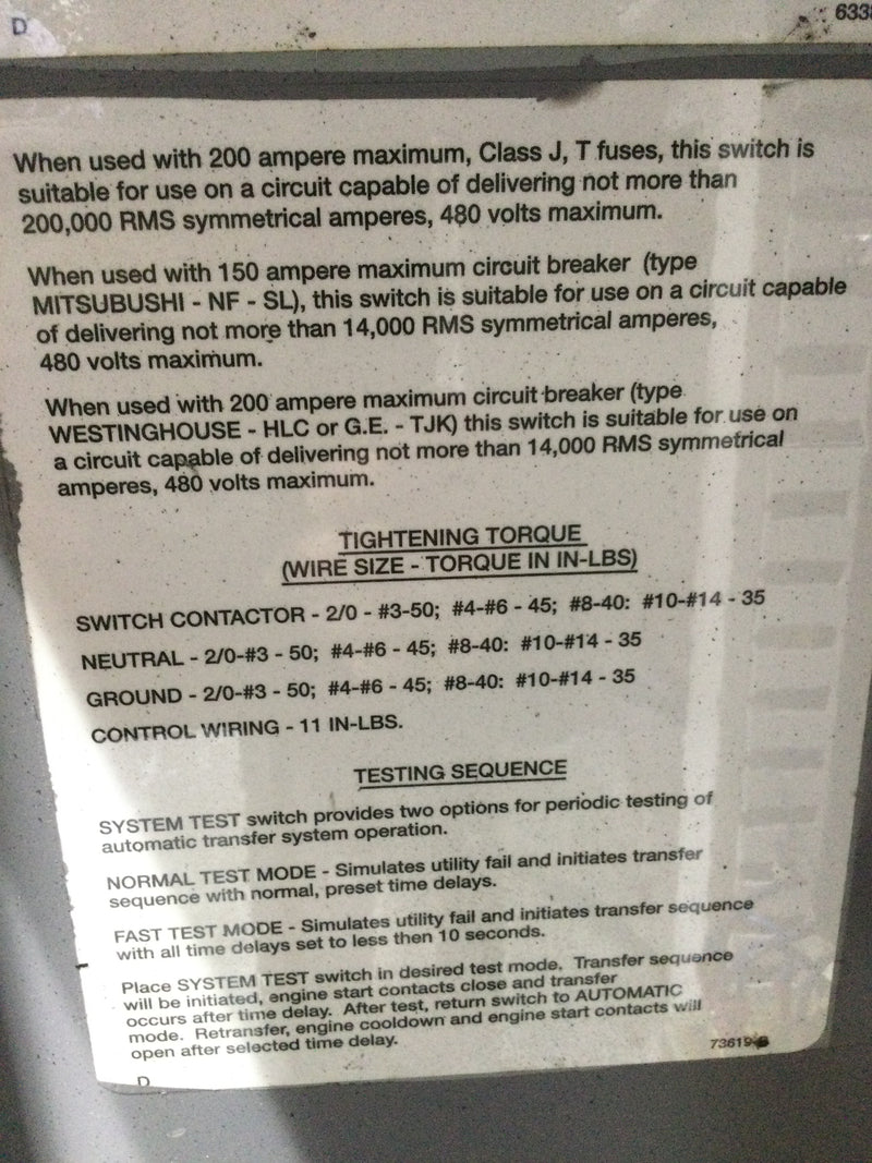 Generac Type GTS01W-2A2LDNCN 100 Amp, 480V Transfer switch