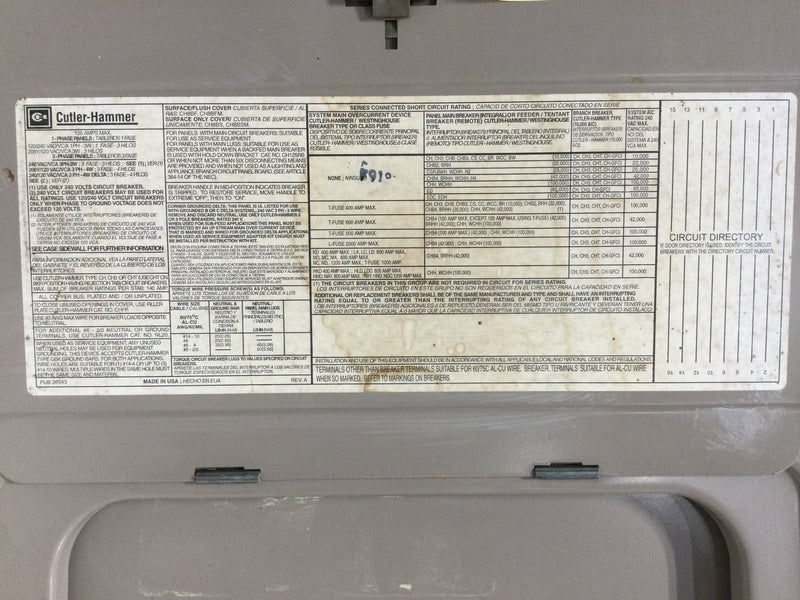 Eaton/Cutler Hammer 125 Amp 16 Space 120/240V Panel/Door Only 16 3/4" x 14 3/8"