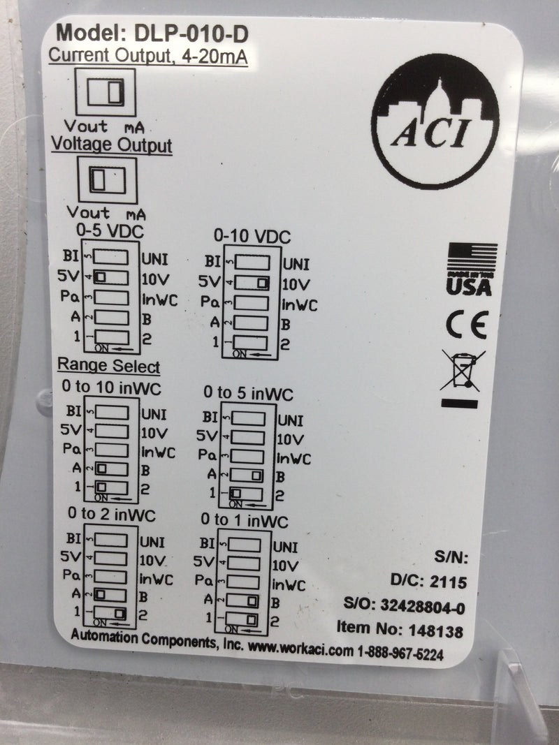 Automation Components, Inc. DLP-010-D Item # 148138 Differential Press