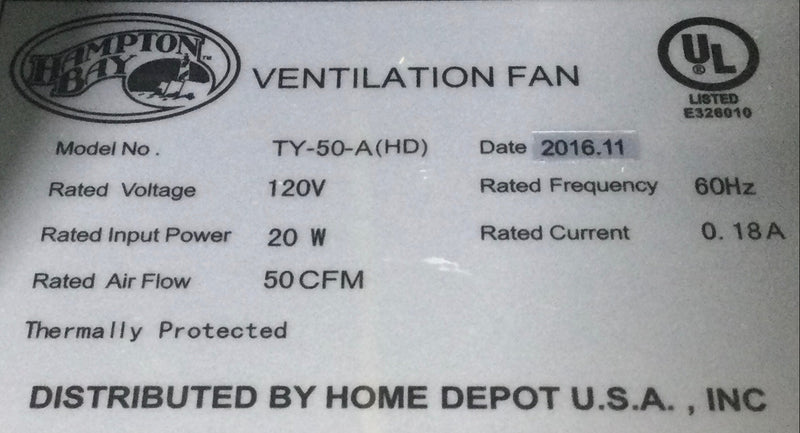 Hampton Bay 986755 0.18 Amp 120V 50 CFM/PCM Ultra Quiet Ventilation Fan