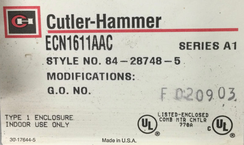 Cutler-Hammer ECN1611AAC 30 Amp 3PH 120V Combination w/AN16DNO Motor Starter