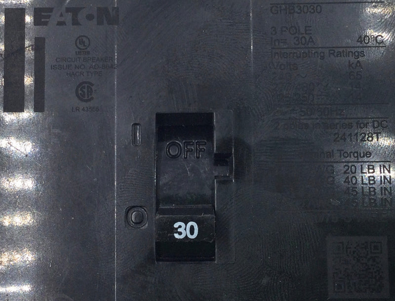 Eaton GHB3030 30 Amp 3 Pole 480V Bolt on Circuit Breaker