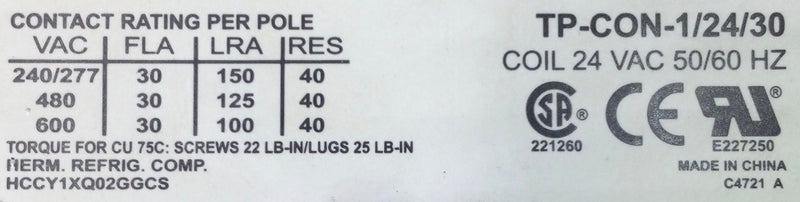 Trade Pro TP-CON-1/24/30 30 Amp 1 Pole 600V Contactor w/24 VAC 50/60Hz Coil