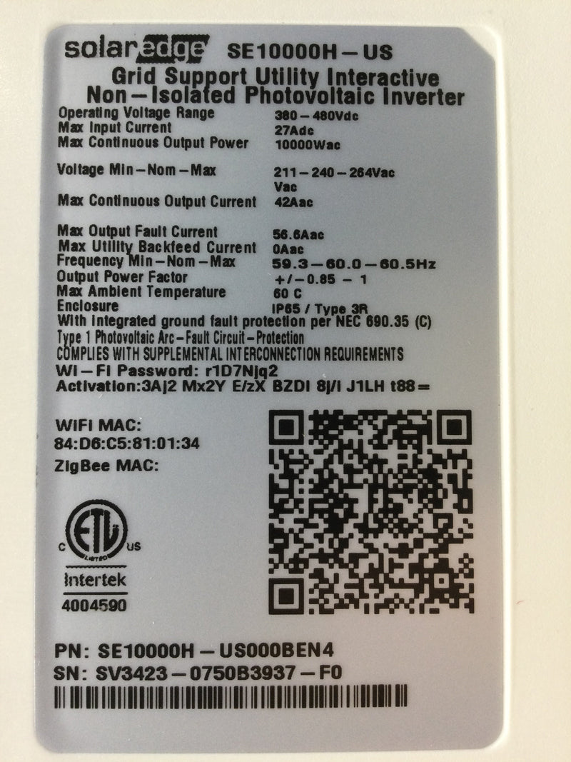 SolarEdge SE10000H-US000BEU4 10kW String Inverter