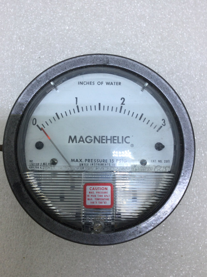 Dwyer 2003 Magnehelic Water Pressure Gauge 0-3 Inch Water 15 PSIG 2003C