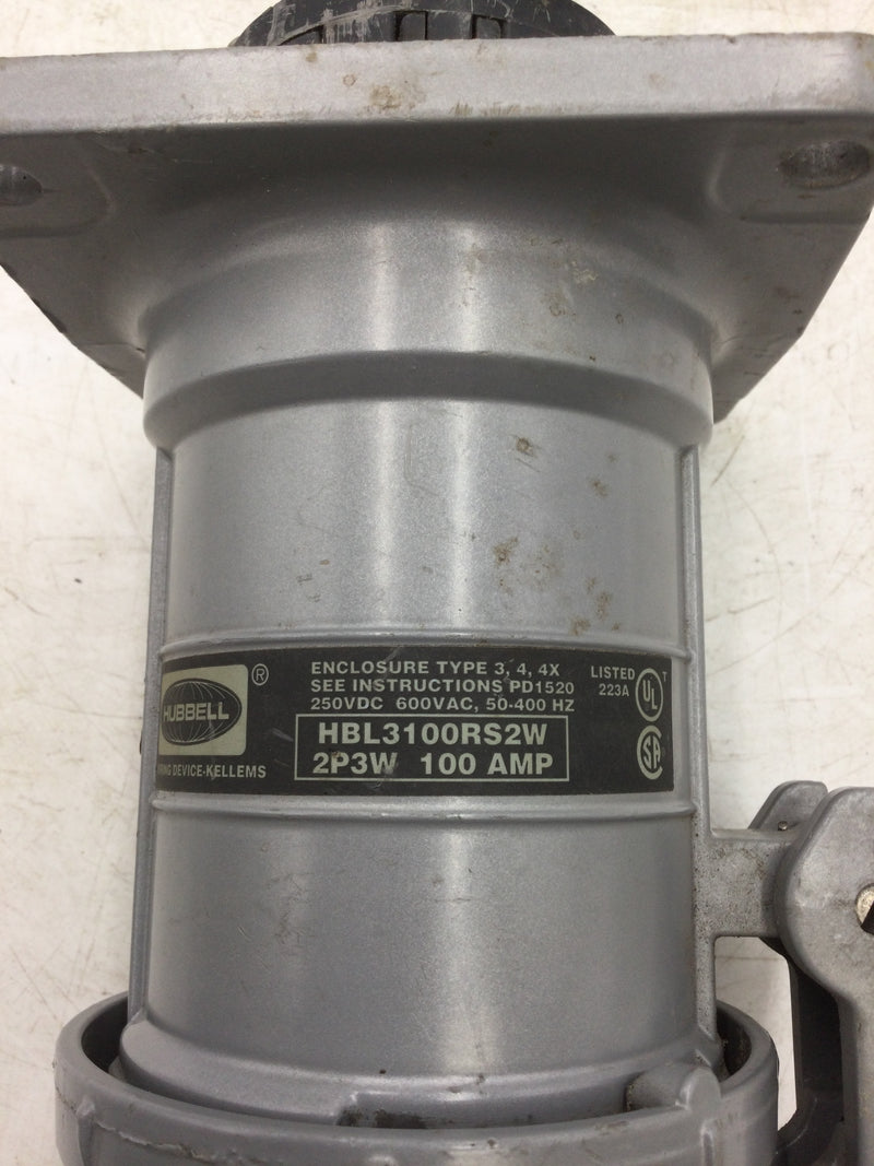 Hubbell HBL3100RS2W Industrial Grade Female Receptacle 2 Pole 3 Wire 100 Amp