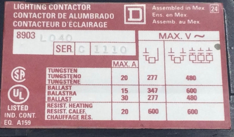 Square D 8903LXO40V02 30 Amp 4 Pole 120-600V Lighting Contactor w/120V Coil