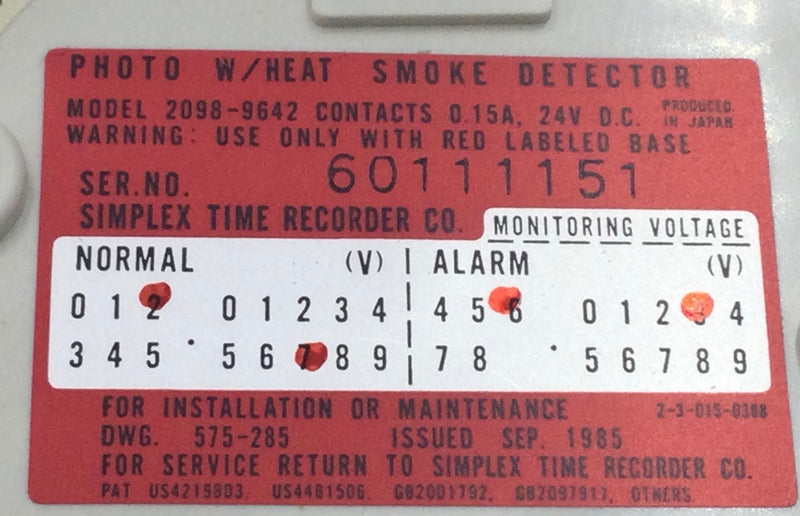 Simplex 2098-9642 0.15 Amps 24V Photo w/Heat Smoke Detector