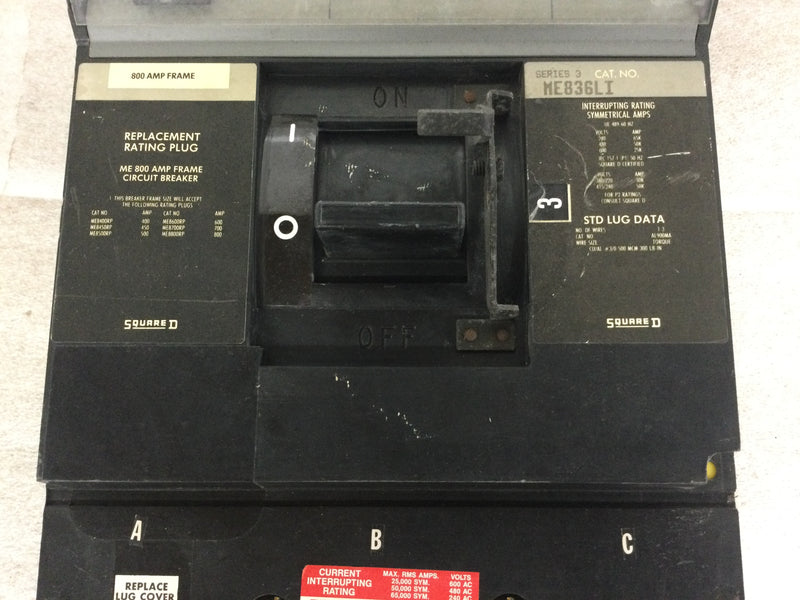 Square D ME836LI 800 Amp 3 Pole Series 3 Type ME Molded Case I Line Circuit Breaker
