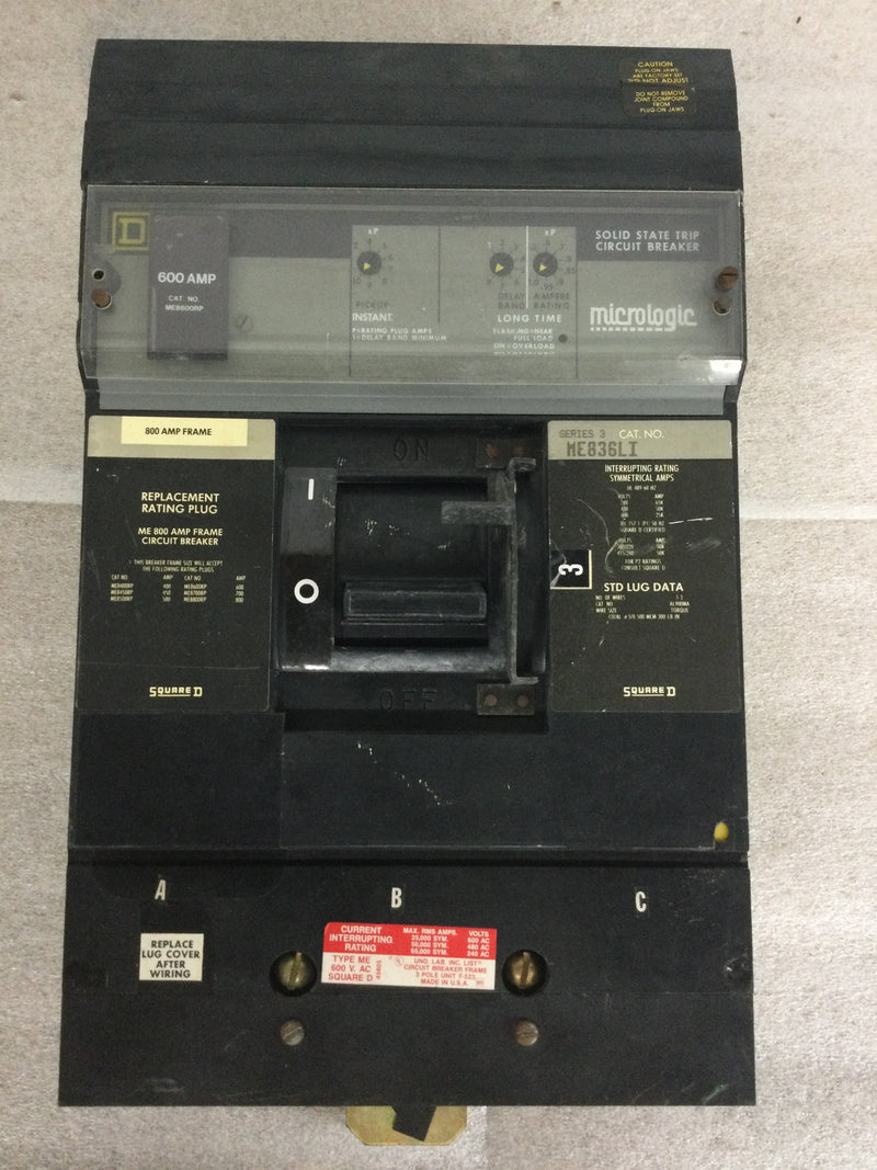 Square D ME836LI 800 Amp 3 Pole Series 3 Type ME Molded Case I Line Circuit Breaker