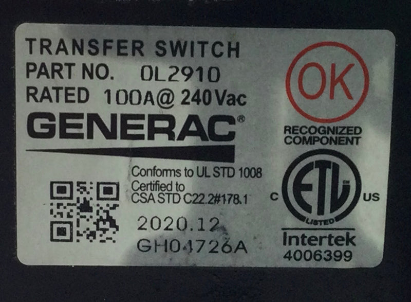 Generac 0L2910 100 Amp 2 Pole 240V HSB Generator Transfer Switch
