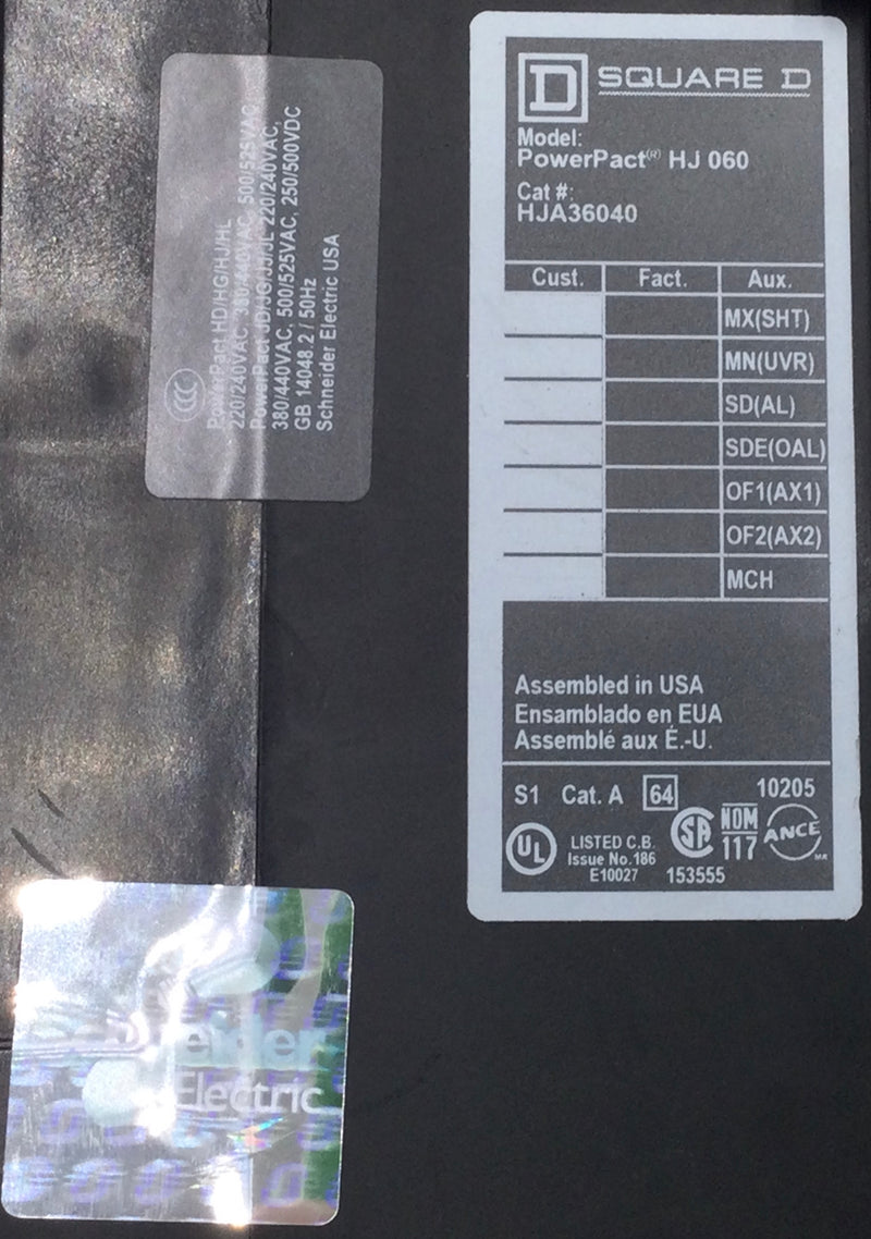 Square D HJA36040 40 Amp 3 Pole 600v I-Line PowerPact Circuit Breaker