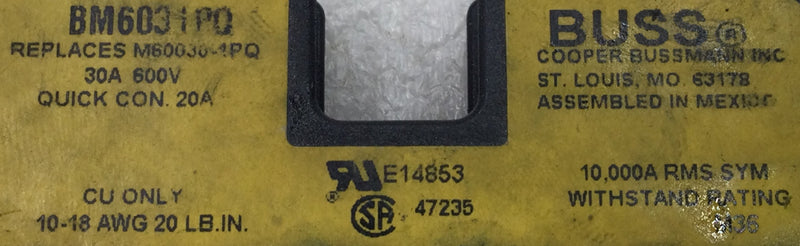Bussmann/Cooper BM6031PQ 30 Amp 1 Pole 600V Fuse Holder