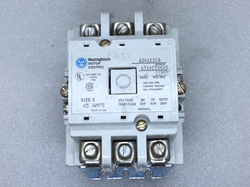 Westinghouse Motor Control Contactors A201K2CA 45 Amp Size 2 Model J 3-Phase