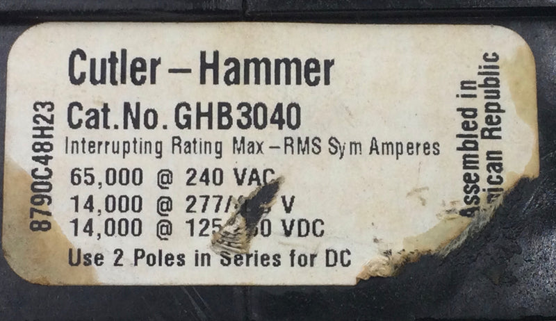 Eaton/Cutler/Westinghouse GHB3040 40 Amp 3 Pole 277/480V Circuit Breaker
