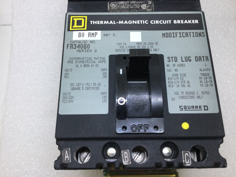 Square D FA34080 3 Pole 80 Amp 480V I Line Circuit Breaker