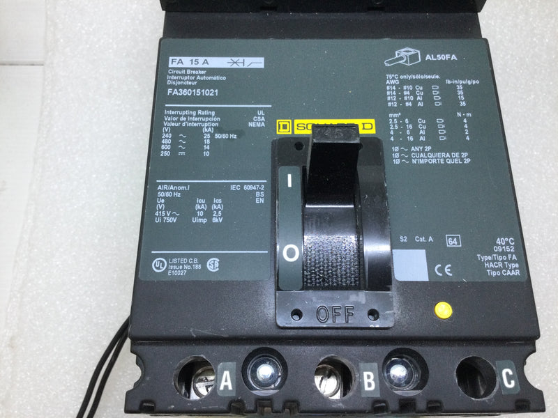 Square D FA360151021 15 Amp 3 Pole 600V I Line Circuit Breaker