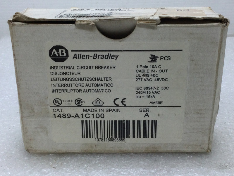 Allen-Bradley 1489-A1C100 Single Pole Circuit Breaker 10 Amp 277V Ser. A 50/60hz