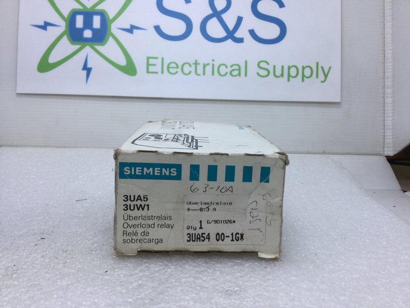 Siemens 3UA54 00-1J Overload Relay 6.3-10 Amp 600V Max.