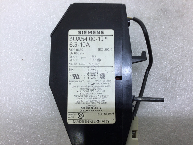 Siemens 3UA54 00-1J Overload Relay 6.3-10 Amp 600V Max.
