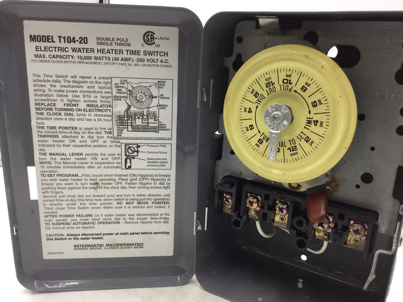 Intermatic T104-20 Electric Water Heater Timer Double Pole Single Throw 40 Amp 250V
