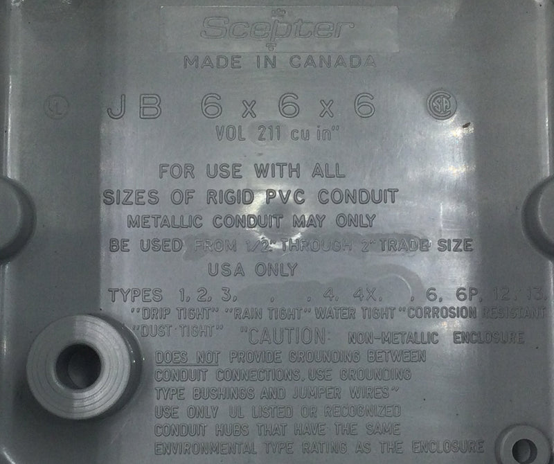 Scepter 077698 JB6x6x6 PVC Junction Box Conduit 6" x 6" x 6"