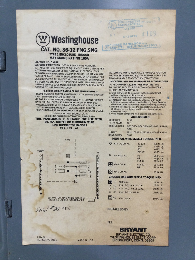 Westinghouse S6-12FNG,SNG 100 Amp 16 Space 120/240V Panel Door 15 3/8" x 13 3/8"