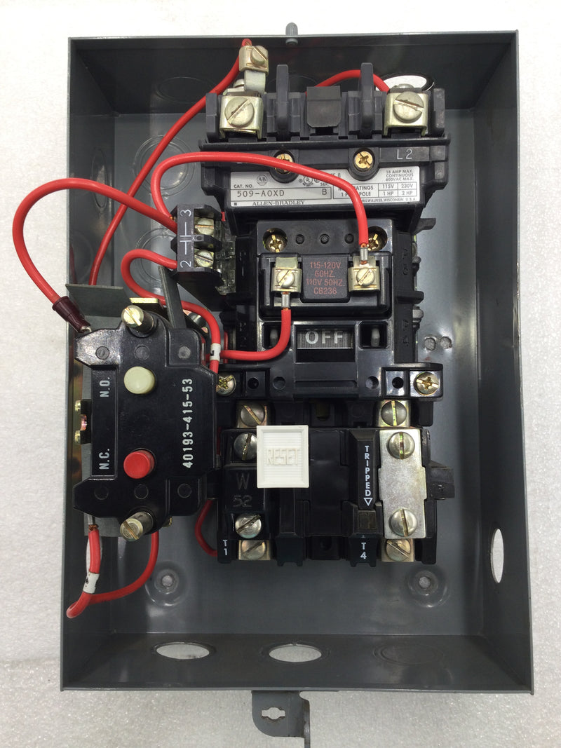 Allen-Bradley 509-AAXD 18 Amp 2 Pole Motor Starter w/120V Coil and Enclosure