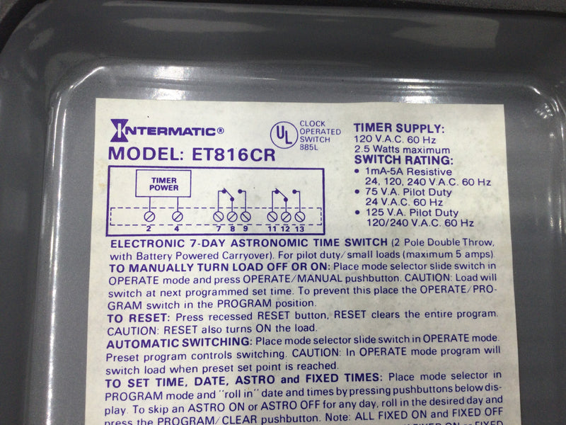 Intermatic ET816CR Electronic DPDT 7 Day Astronomic Time Switch 5 Amp 120 VAC
