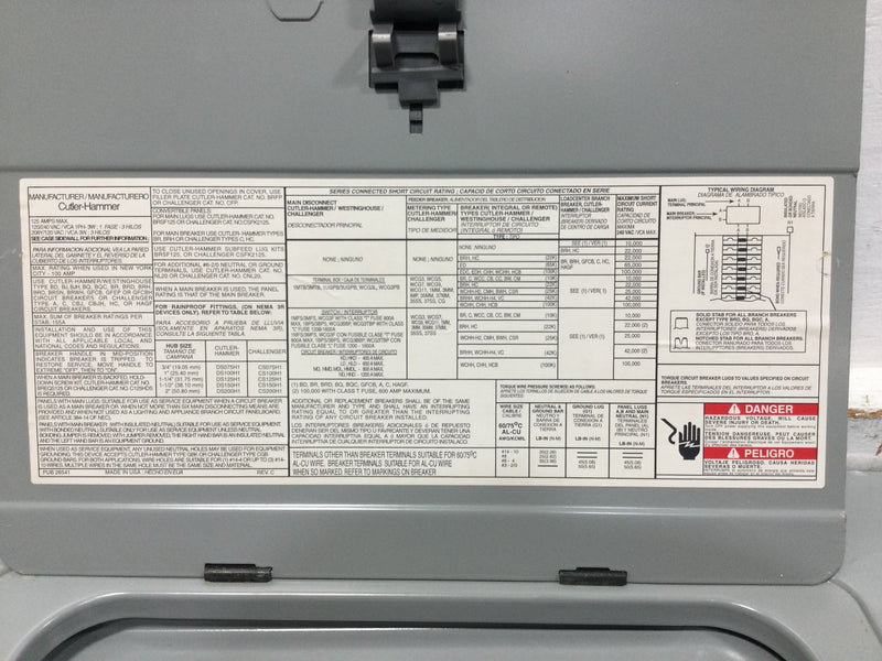 Cutler Hammer BRP16L125 125 Amp 16 Space 120/240V Panel Door 19 3/4" x 15 3/8"