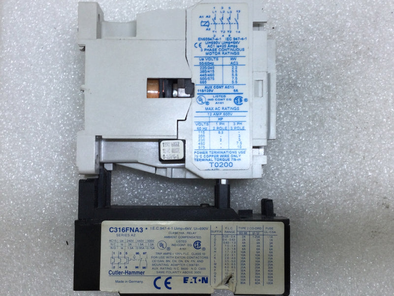 Cutler-Hammer CE15CNS3 Relay Contactor 50/60Hz 12 Amp 600V Includes C316FNA3 Overload
