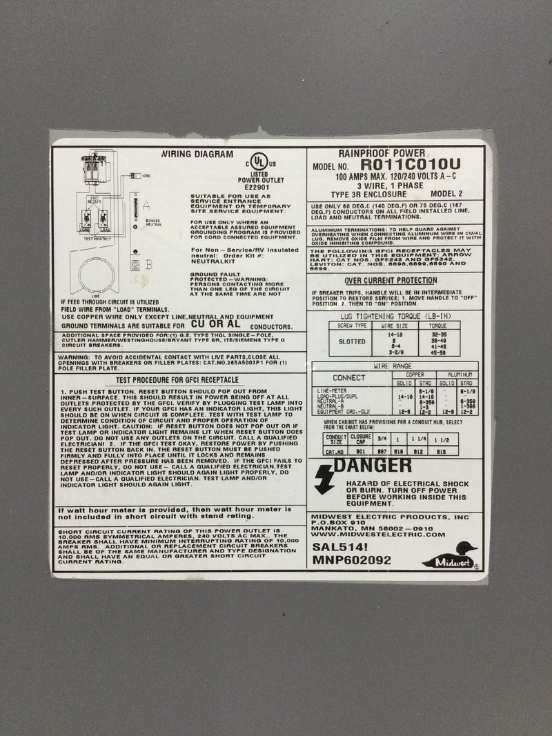 Milbank R011C010U Meter Cover/Door Only 100 Amp 120/240V Nema 3R 17 1/4" x 9 1/4"