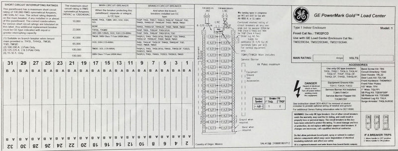 GE TM32FCD 200 Amp 32 Space 120/240V Panel Door w/Main 36 7/8" x 15 3/8"