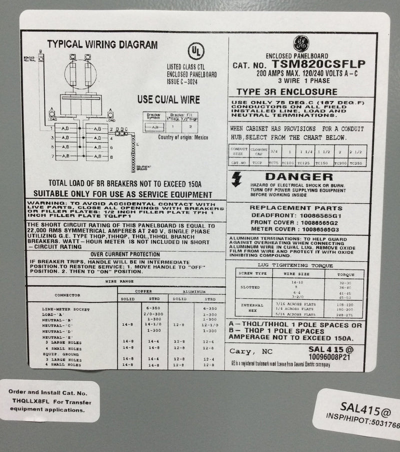 GE TSM820CSFLP 200 Amp 8 Space 240V Main Breaker Meter Socket/Load Center
