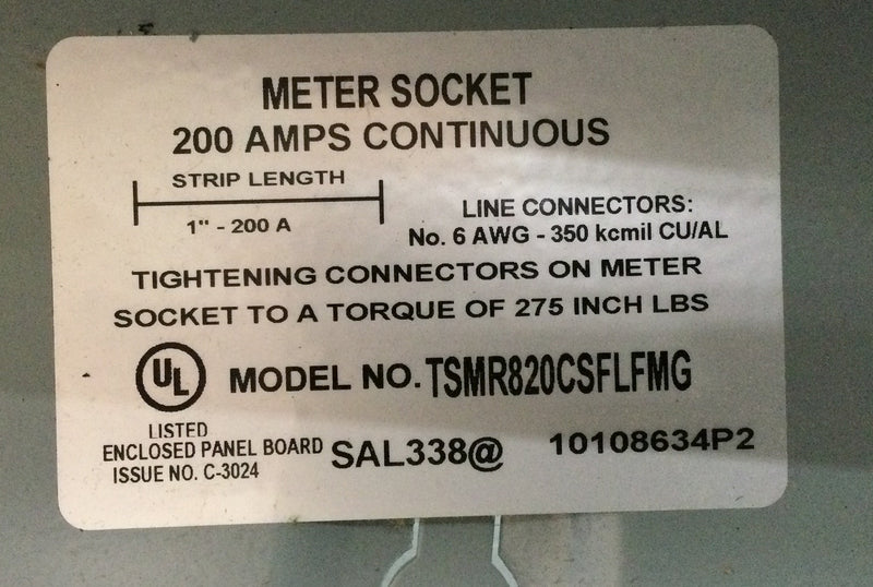 GE TSMR820CSFLFMG 200 Amp 8 Space 120/240V Meter Socket/Load Center