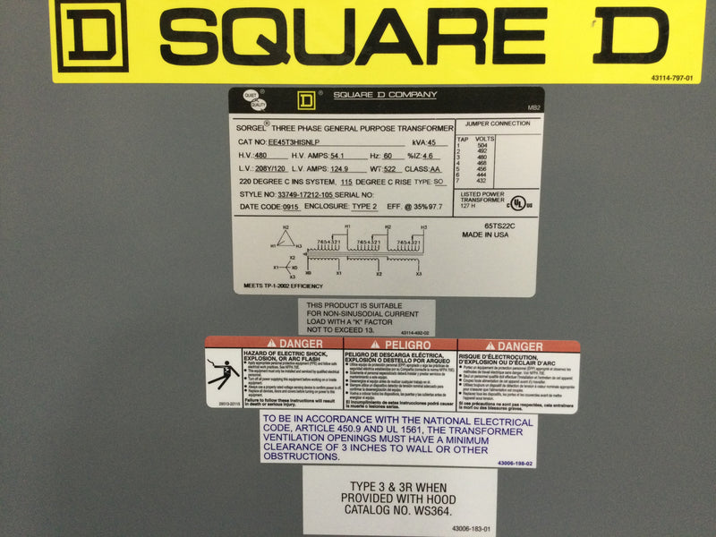 Square D 3 Phase General Purpose Transformer EE45T3HISNLP 45KVA 480HV