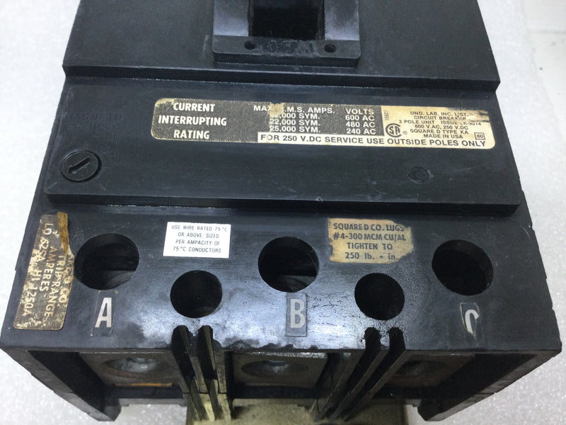 Square D KA36125 3 Pole 125A 600VAC Type KA Circuit Breaker