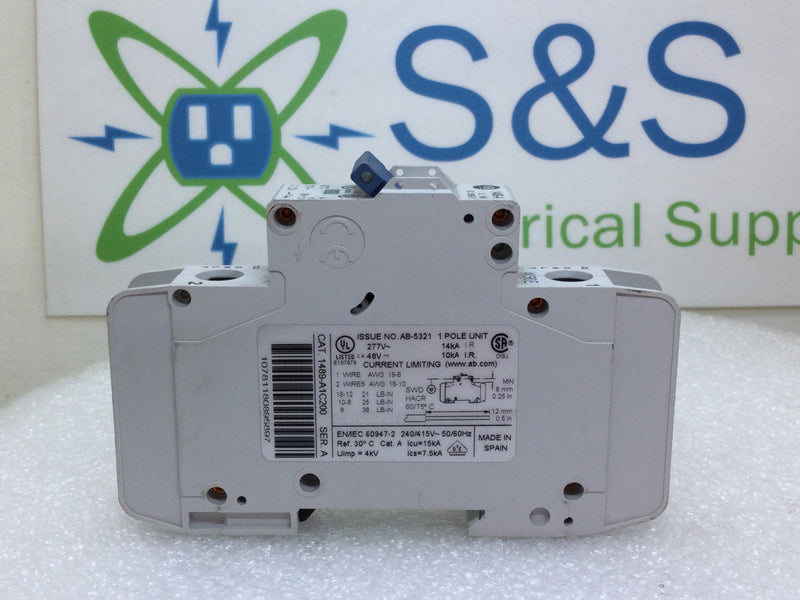 Allen-Bradley 1489-A1C200 20 Amp 1 Pole 277V Din Rail Mount Circuit Breaker