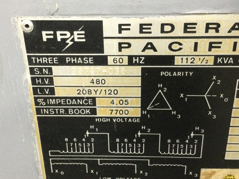 FPE Federal Pacific Dry Type Transformer 3 Phase 60Hz 112 1/2 KVA S/N 26797-036