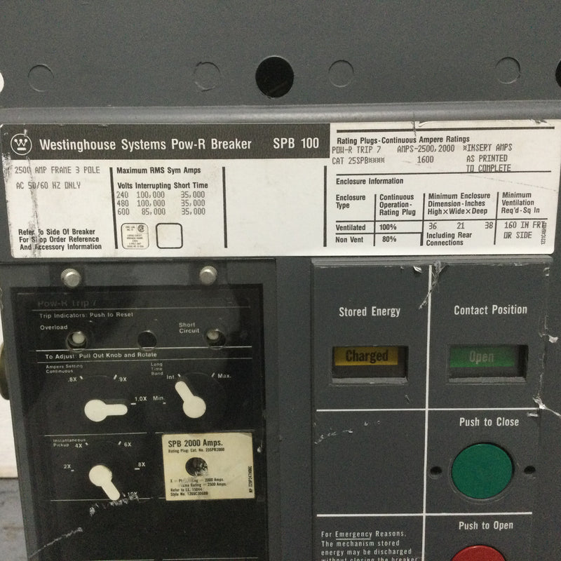 Westinghouse SPB100 2500 Amp 3 Pole 600V Pow-R Breaker W/ LIS trip settings
