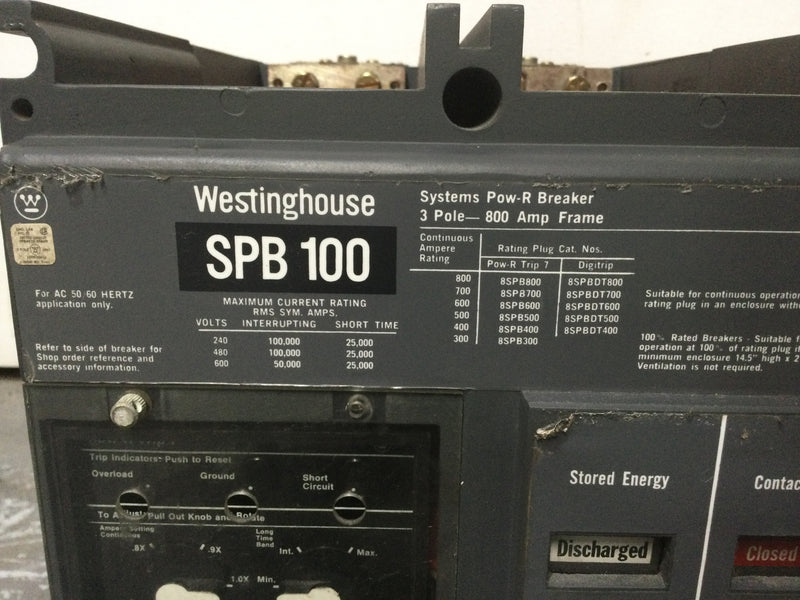Westinghouse SPB100 800 Amp 3 Pole 600V Pow-R Breaker w/Shunt Trip 24VDC 8 Amp