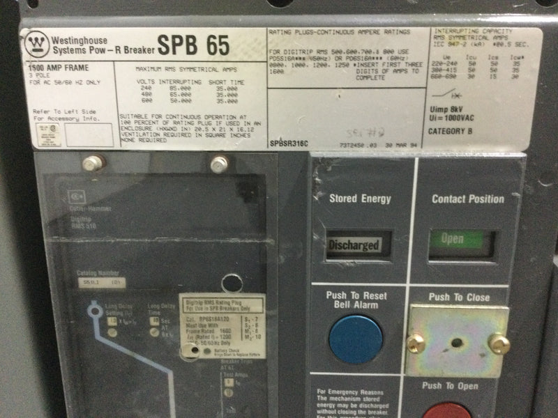 Westinghouse SPB65 1600 Amp 3 Pole 600V Pow-R Circuit Breaker