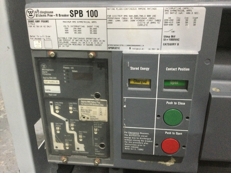 Westinghouse SPB100 2000 Amp 3 Pole 600V Pow-R Circuit Breaker