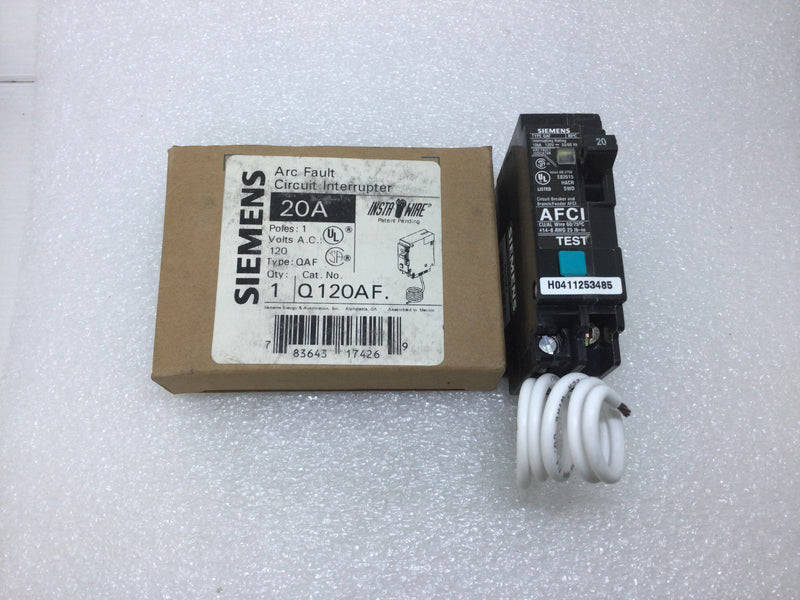 Siemens Arc Fault Q120AF 20 Amp 120V Single Pole Circuit Breaker