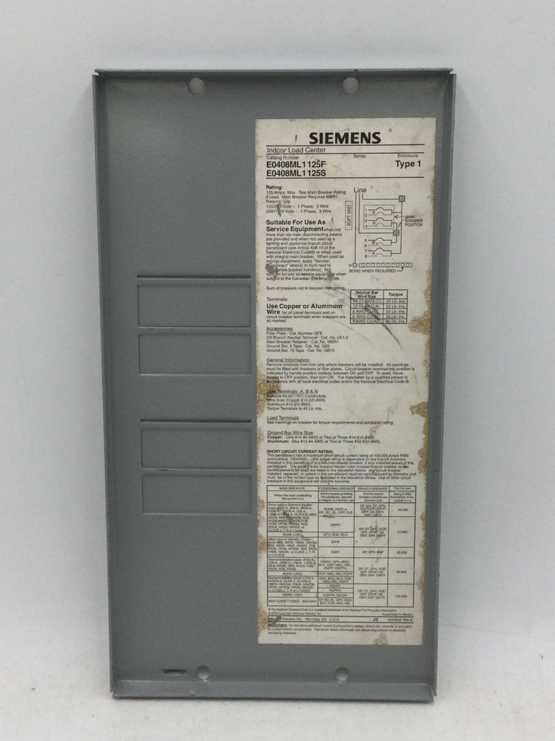 Siemens E0408ML1125F/S 125 Amp, Indoor Type 1, 120/240V, 1 Phase, 3 Wire  Cover Only 12 7/8" x 6 7/8"